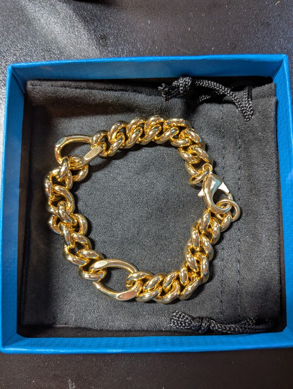 18K Gold Over Bronze 6+1 Curb Figaro Link Curb Station Bracelet Italy 8"